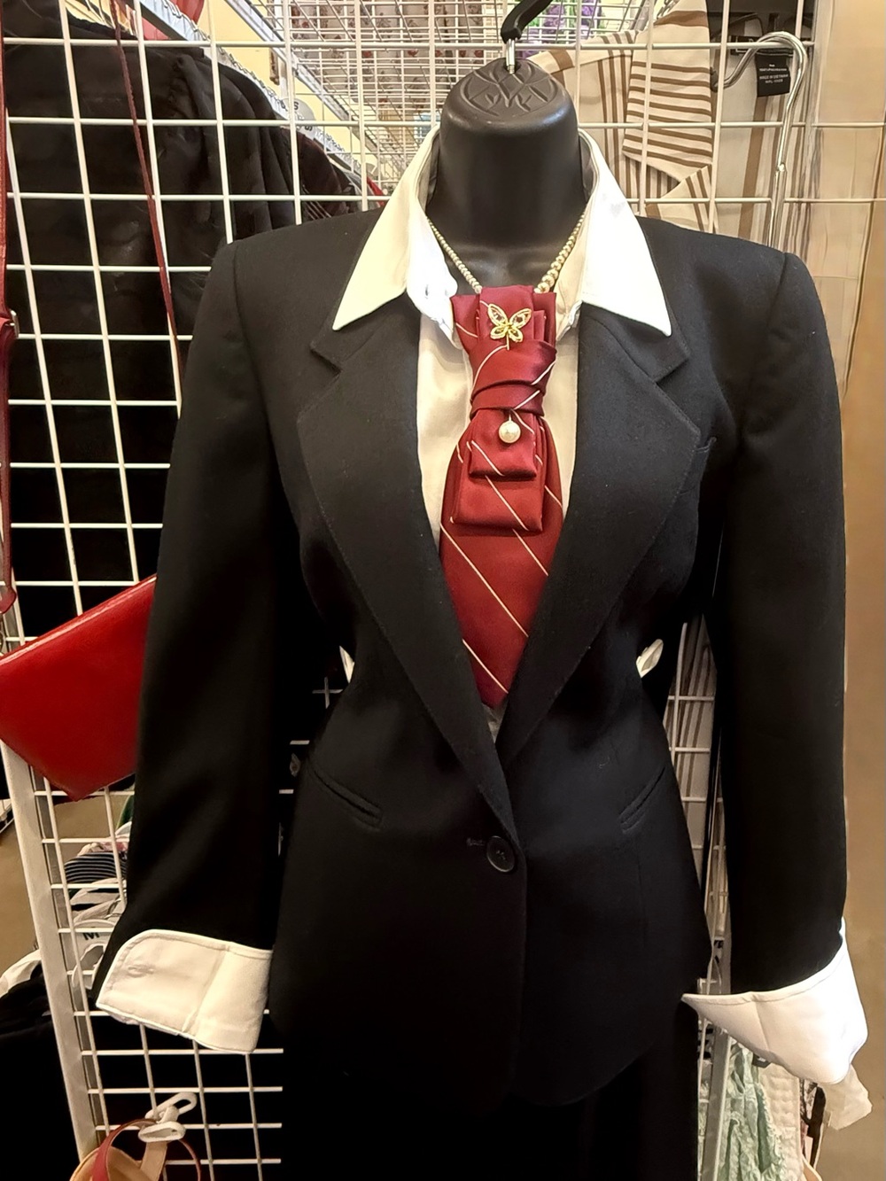 Handcrafted Vintage Tie Necktie
Necklace, Classy, Red Striped, pearls, butterfly